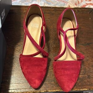 Eileen Fisher Red Flats with Intricate Straps and Pointed Toe